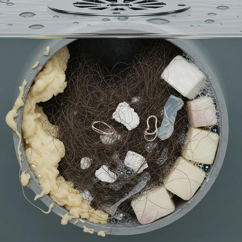 Visual representation of common causes of drain clogs, including grease, hair, and soap scum in a bathroom setting