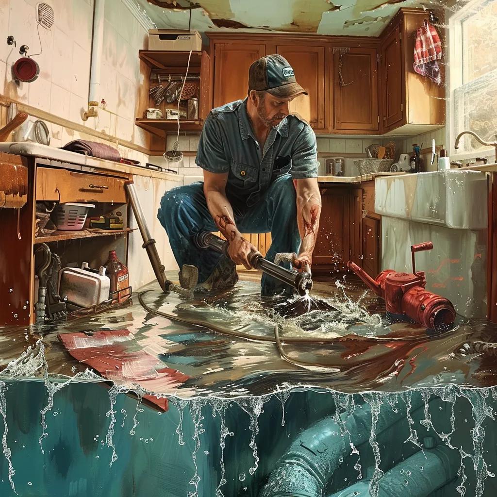Emergency plumber addressing a burst pipe in a home, emphasizing urgency and quick response
