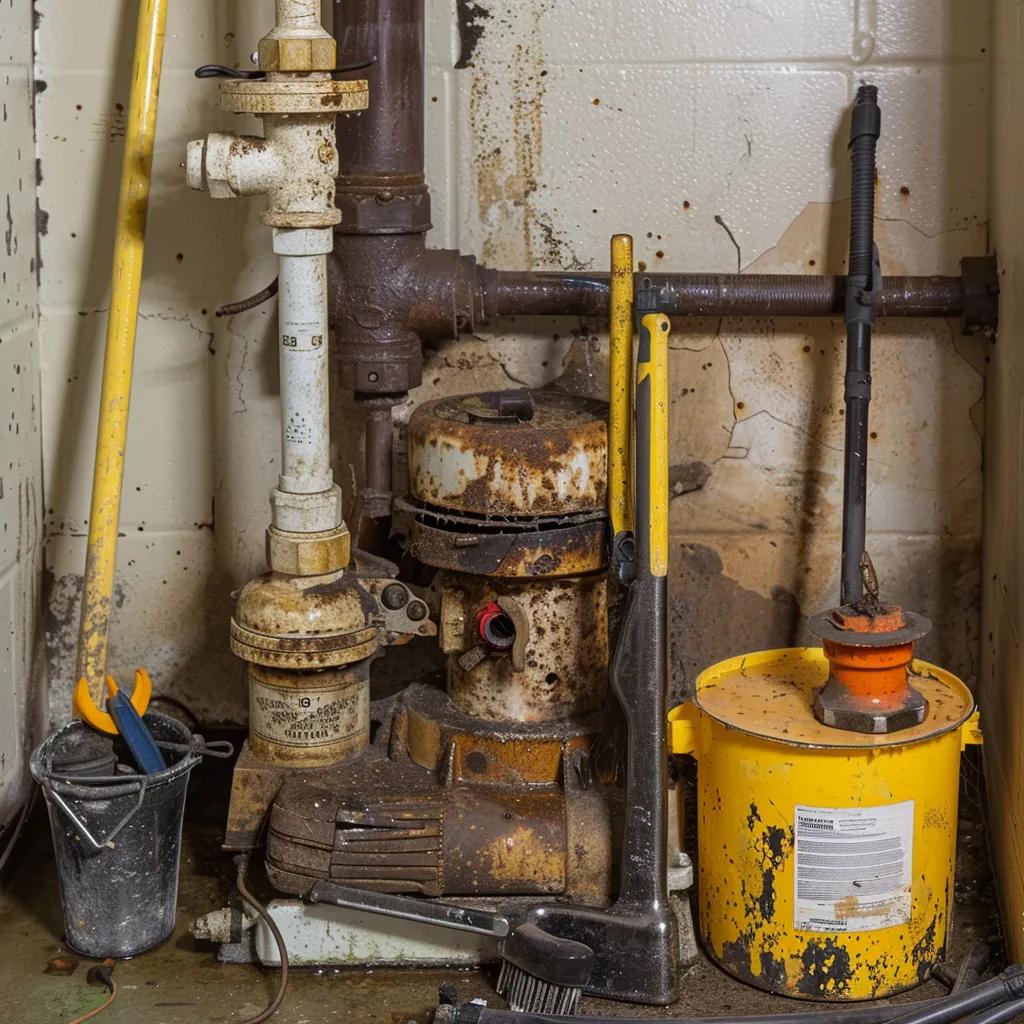 Close-up of a worn sump pump indicating the need for emergency repair in a residential basement