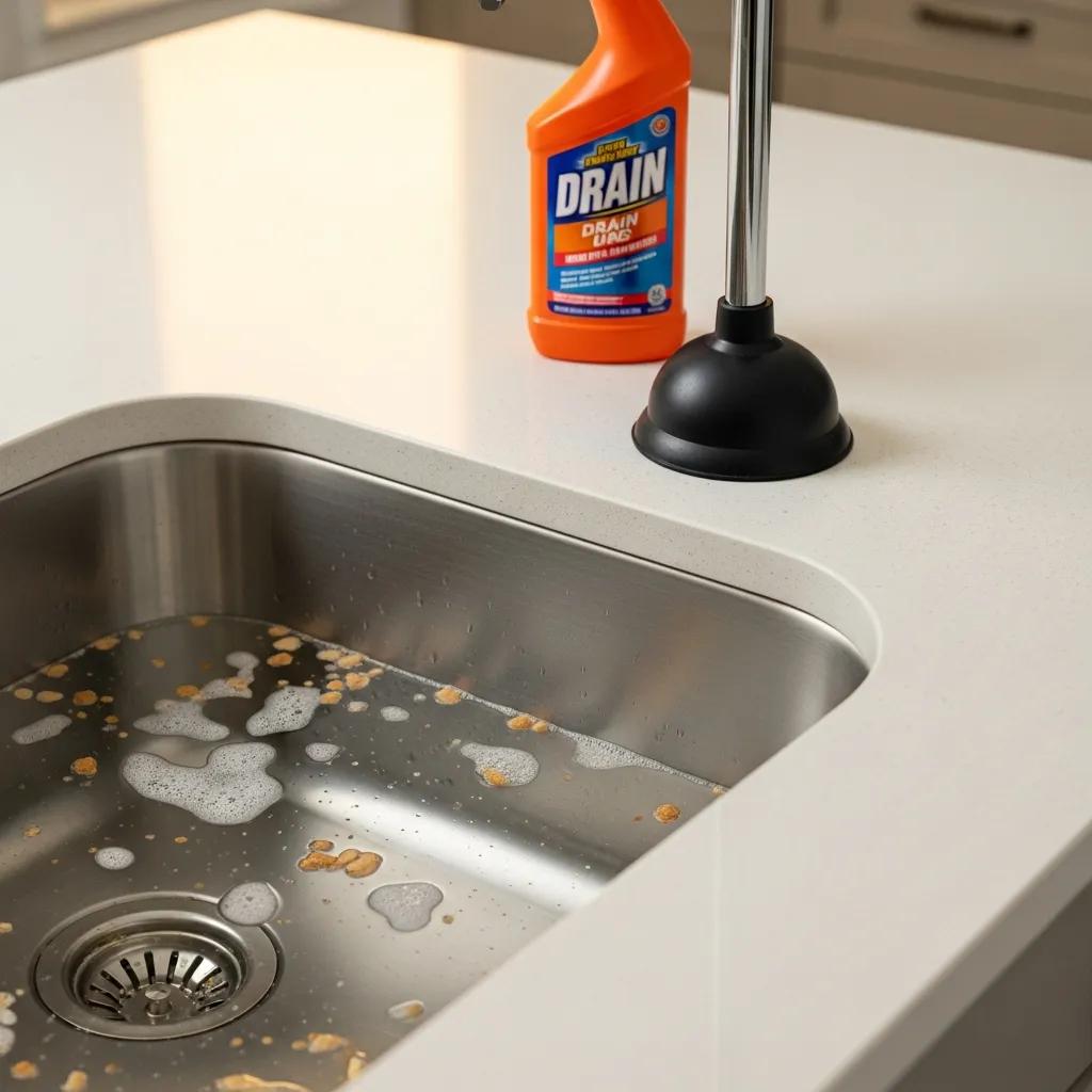 Close-up of a clogged sink with water pooling, showcasing DIY plumbing solutions
