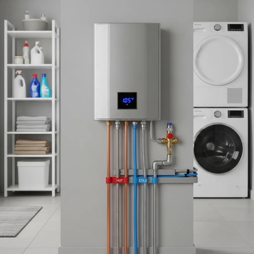 Close-up of a tankless water heater installed on a wall, highlighting its compact design and modern features