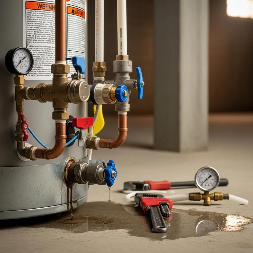 Close-up of plumbing components for spring inspection