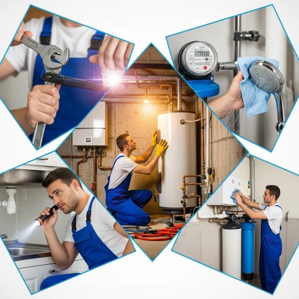 Collage of residential plumbing services including water heater installation and leak checks