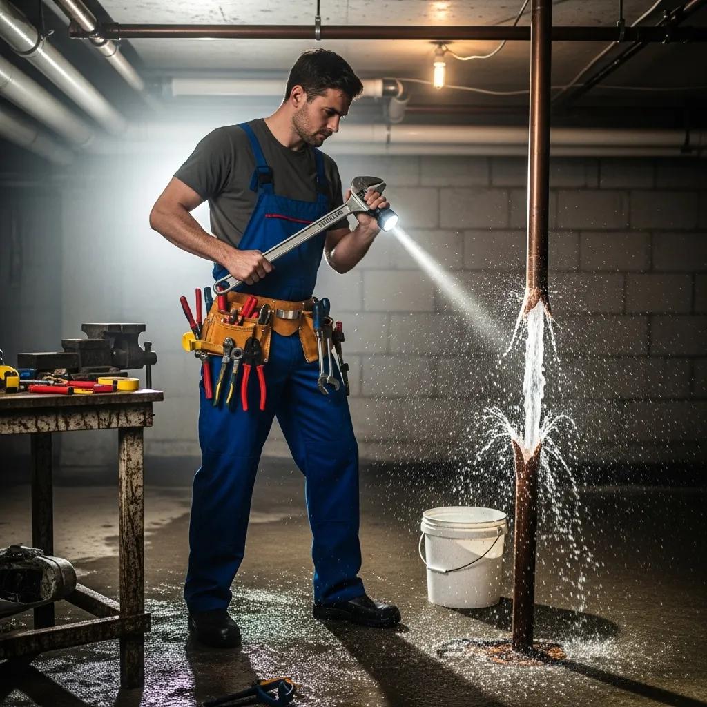 Emergency plumber addressing a burst pipe in a residential setting