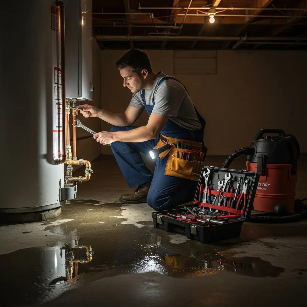 Emergency plumber addressing a water heater leak in a home, showcasing urgency and professionalism
