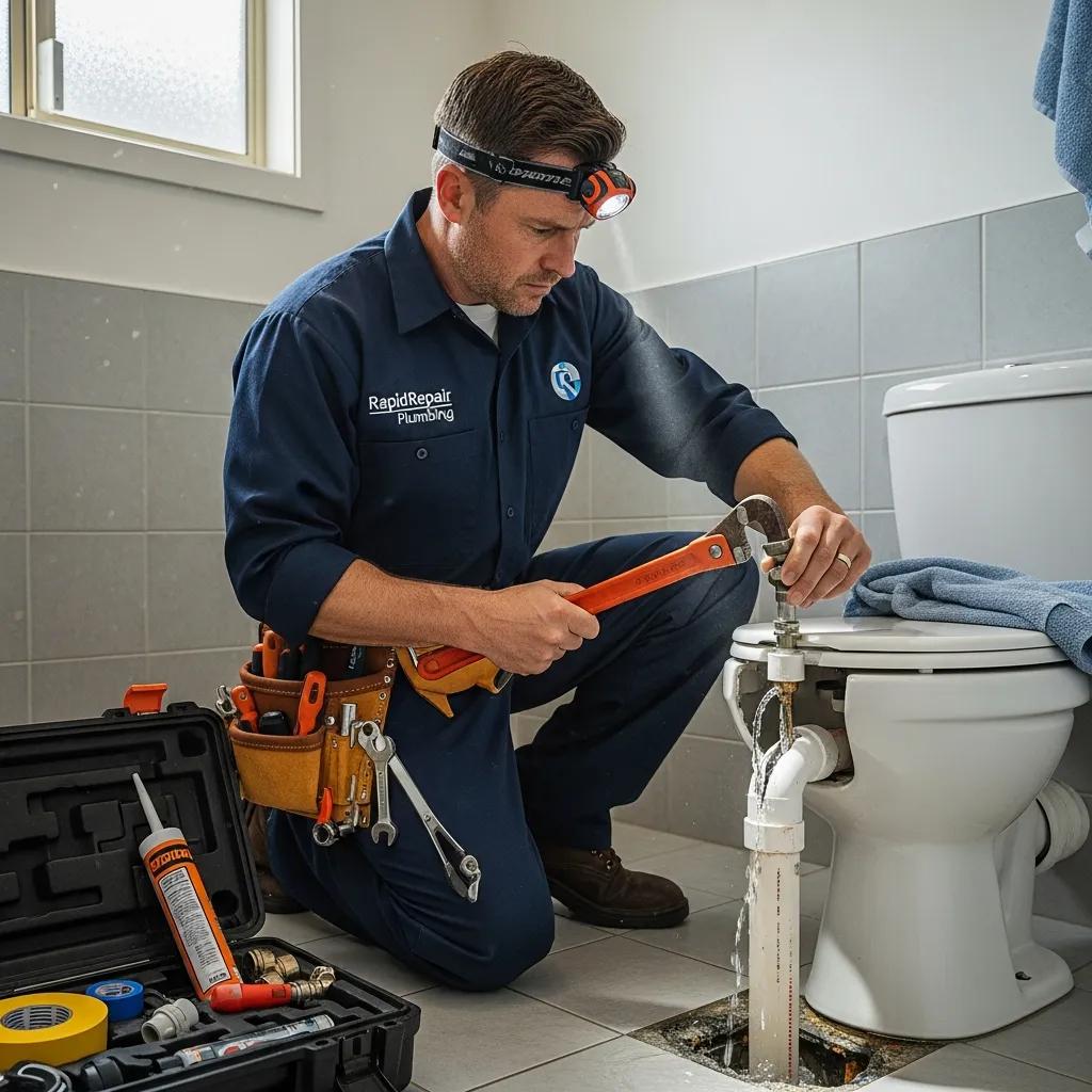Emergency plumber fixing a burst pipe in a residential home
