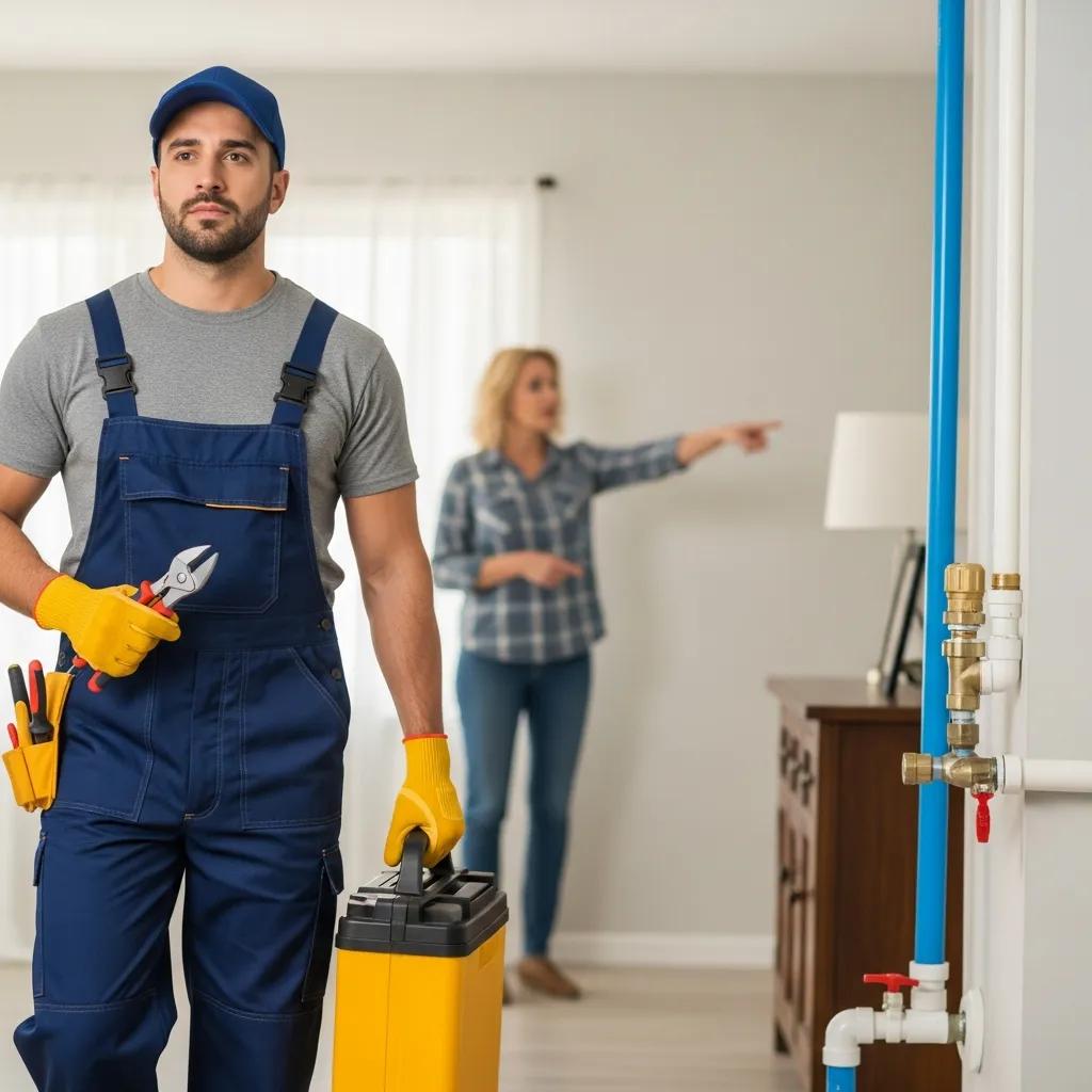 Emergency plumber responding to a plumbing crisis in a suburban home, illustrating urgent plumbing services