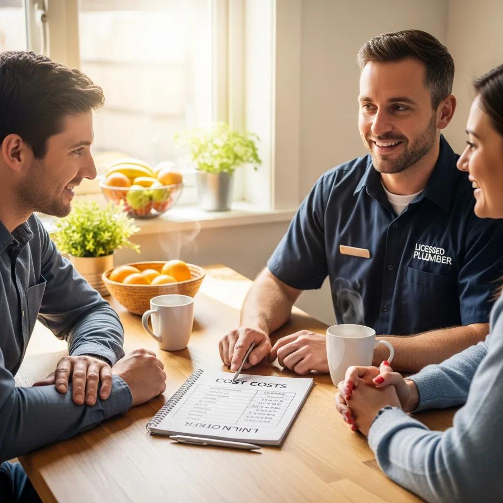 Homeowner discussing plumbing service costs with a licensed plumber