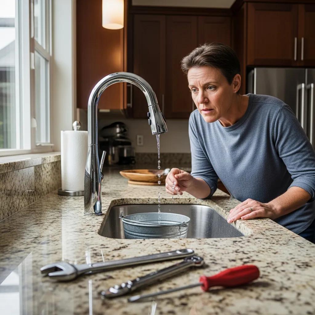 Homeowner inspecting a leaky faucet in a modern kitchen, highlighting common plumbing problems