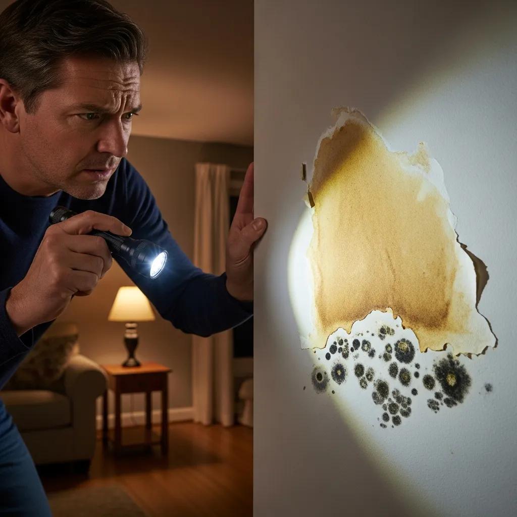 Homeowner inspecting a wall for signs of hidden water leaks, highlighting water stains and mold