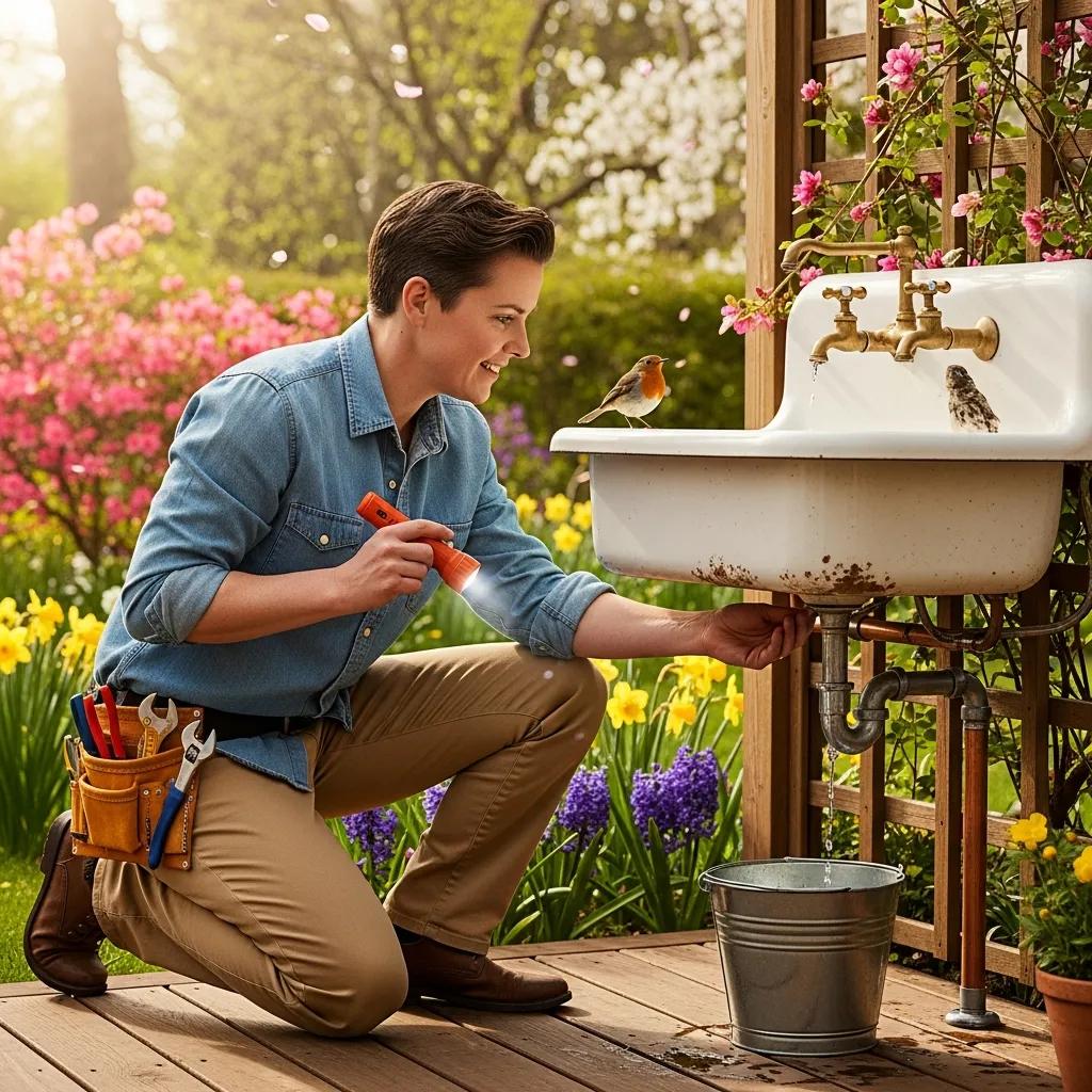 Homeowner inspecting plumbing fixtures in a spring setting