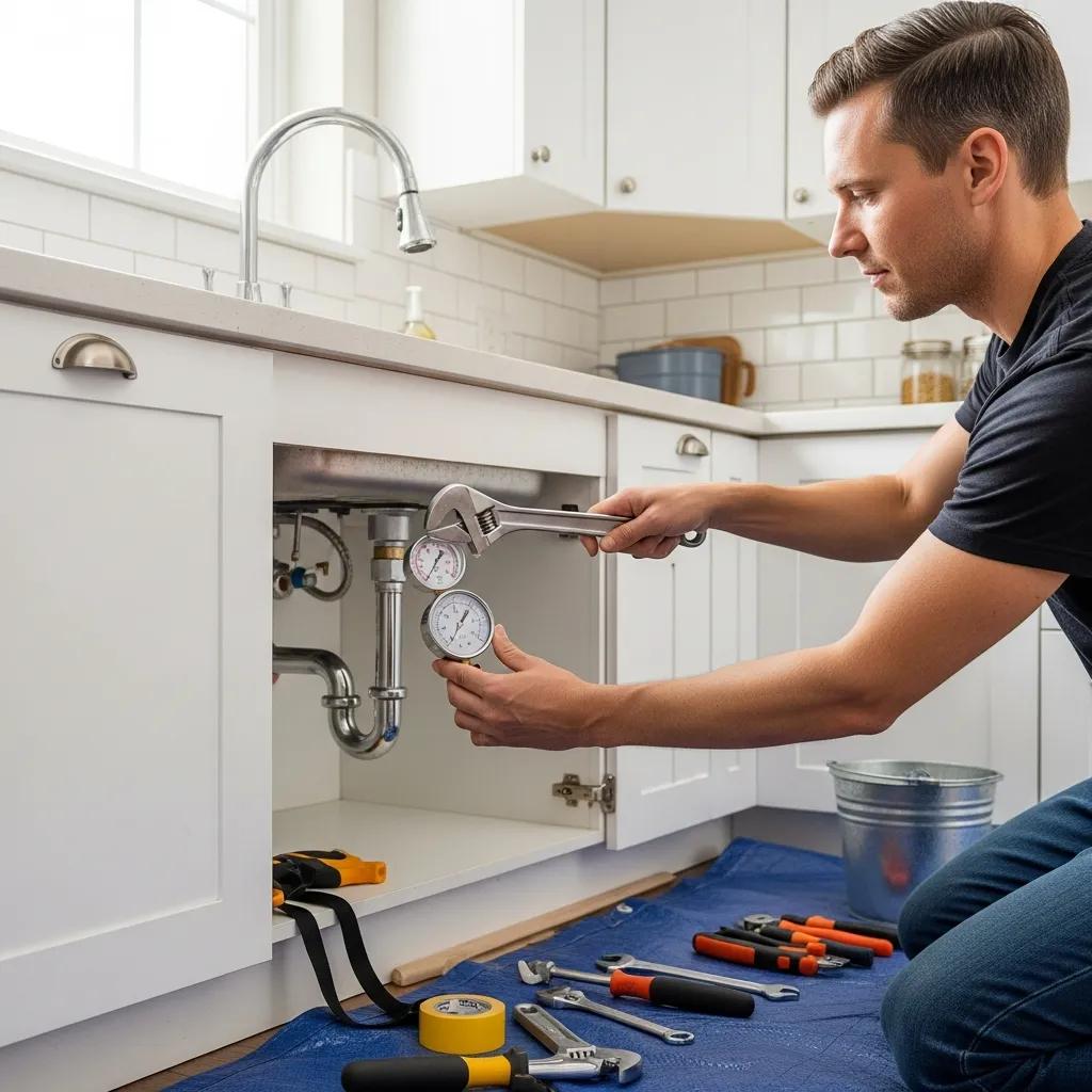 Homeowner performing DIY plumbing checks in a bright kitchen