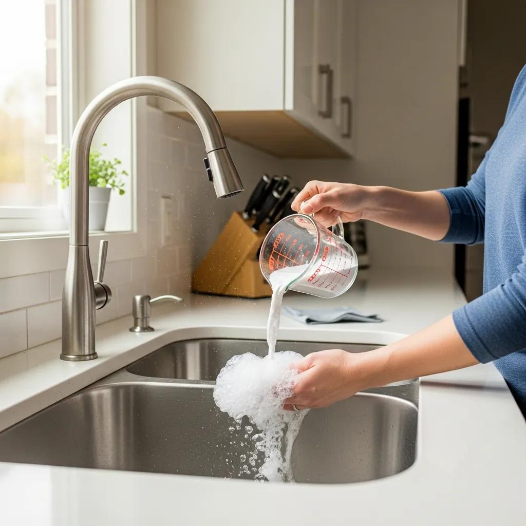 Homeowner pouring baking soda and vinegar into a sink for natural drain unclogging