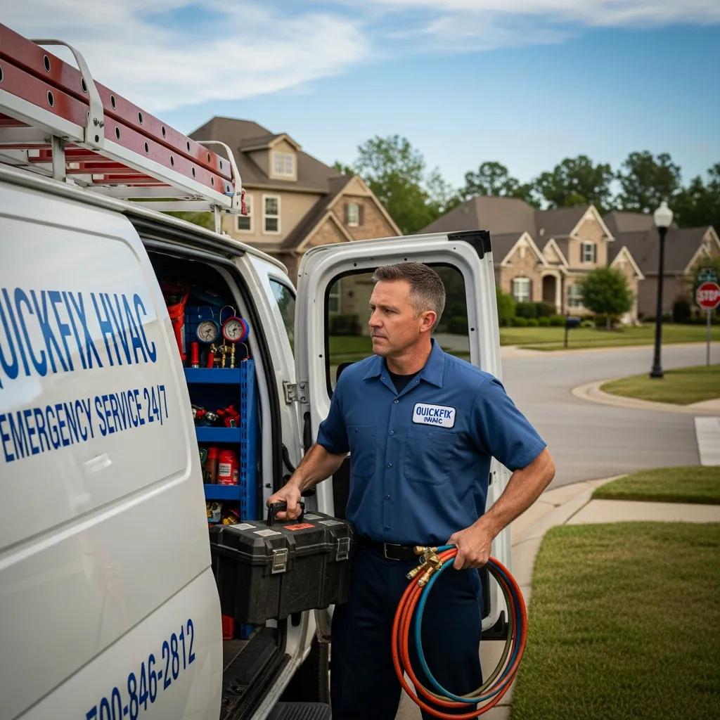 HVAC technician preparing for an emergency repair call in a suburban neighborhood, highlighting rapid response services
