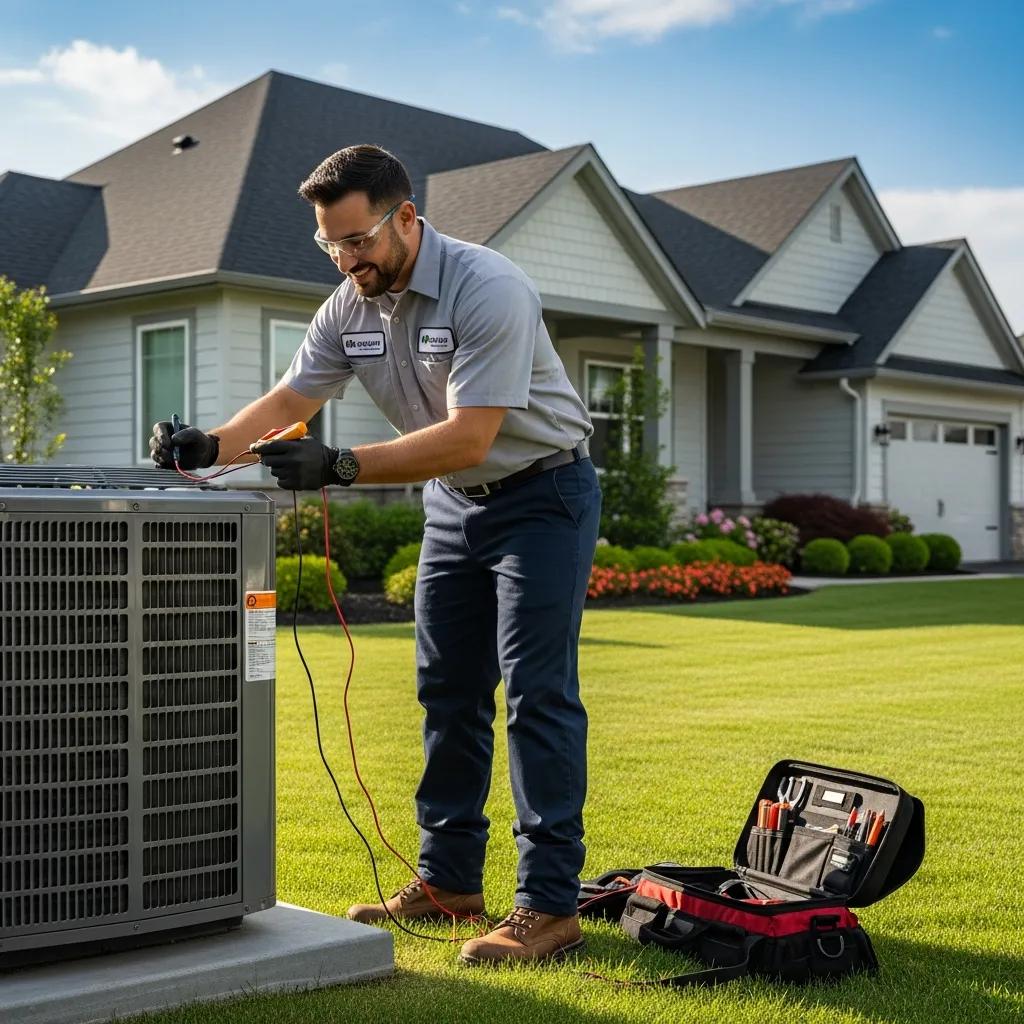 HVAC technician servicing an air conditioning unit outside a home, representing reliable climate control services