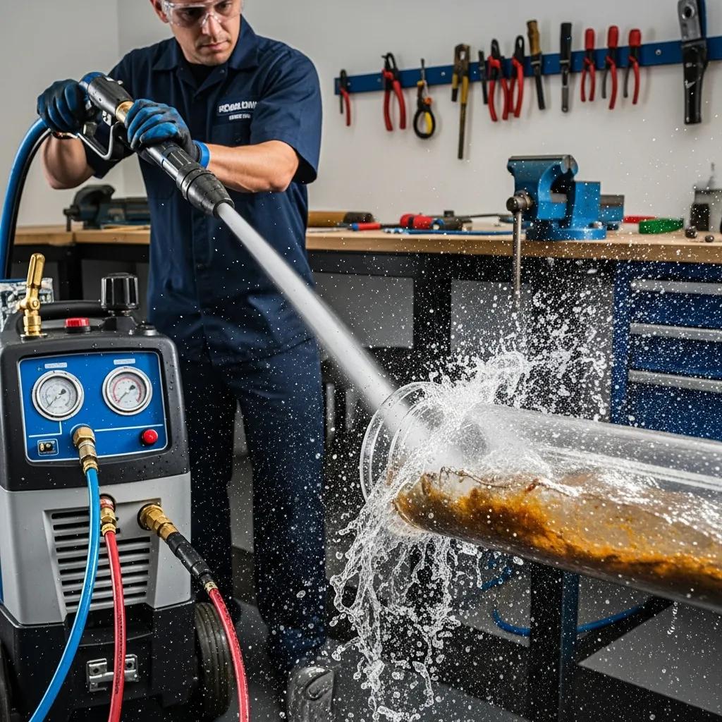 Hydro jetting process in action, showcasing advanced technology for effective drain cleaning