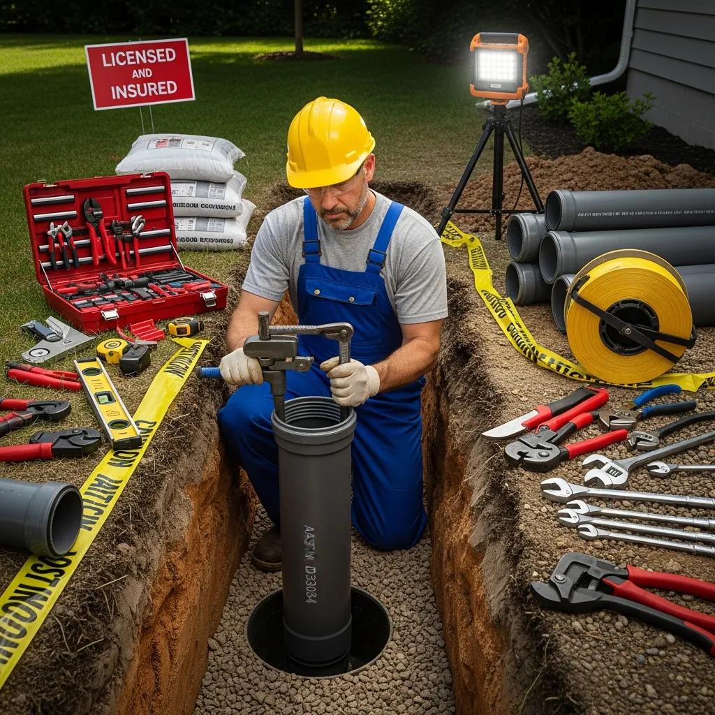 Licensed plumber conducting sewer pipe replacement with quality materials and tools