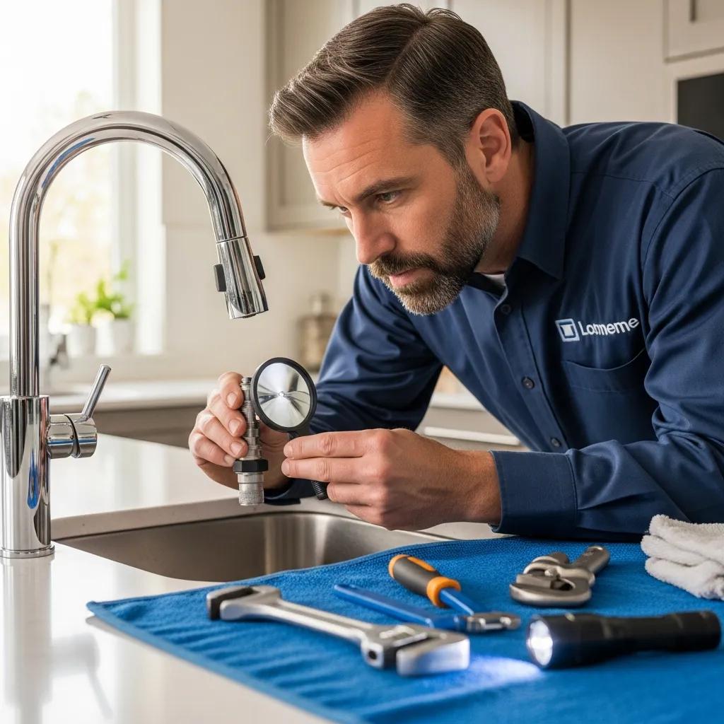Licensed plumber inspecting a faucet in a home, emphasizing quality and reliability in residential plumbing repairs