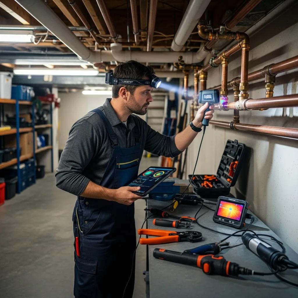 Licensed plumber inspecting plumbing equipment with advanced tools in a residential basement