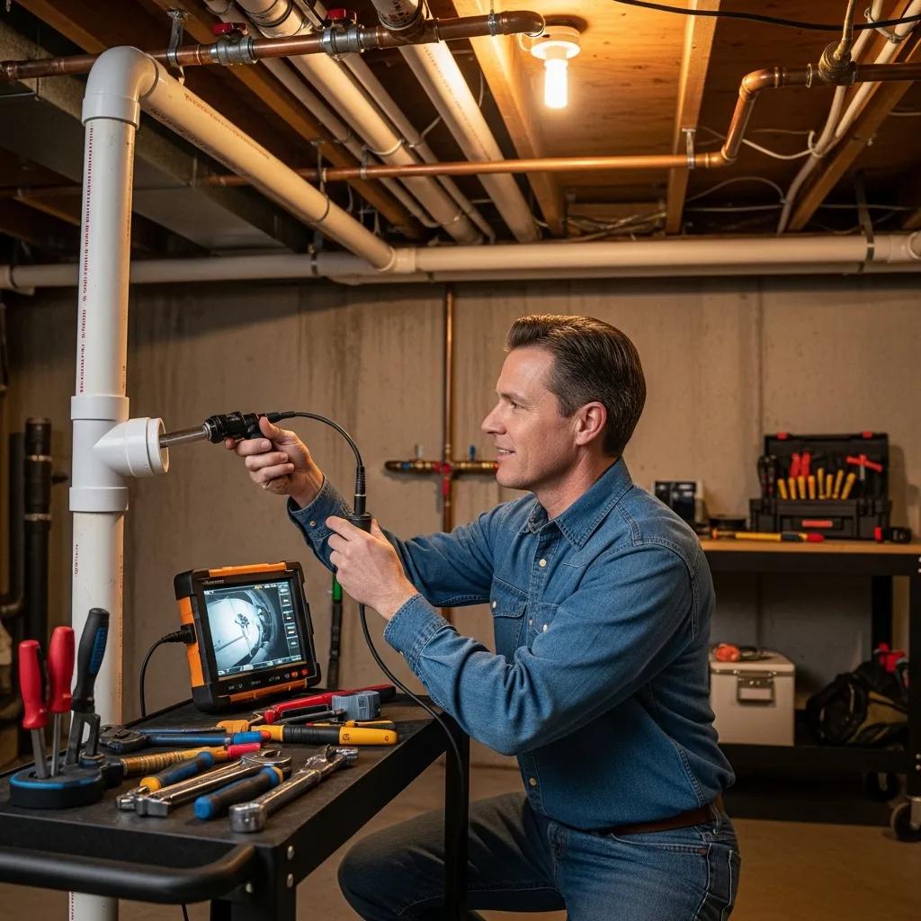 Licensed plumber inspecting plumbing systems with advanced technology for reliable water line repairs