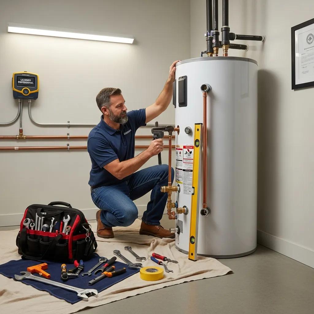 Licensed plumber installing a water heater in a utility room, highlighting the benefits of professional plumbing services