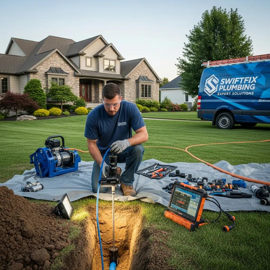 Licensed plumber performing water line repair using trenchless technology in a residential area