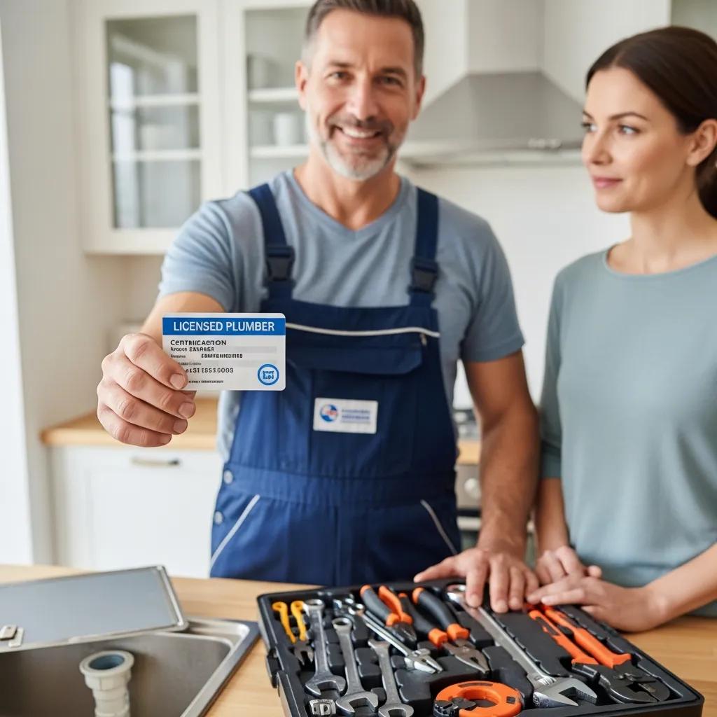 Licensed plumber showcasing certification and tools while engaging with a homeowner, emphasizing trust and professionalism