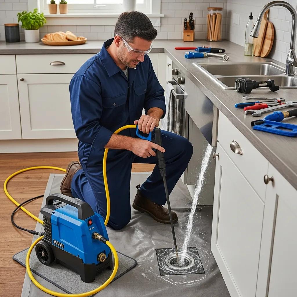 Licensed plumber using hydro jetting for drain cleaning in a residential setting