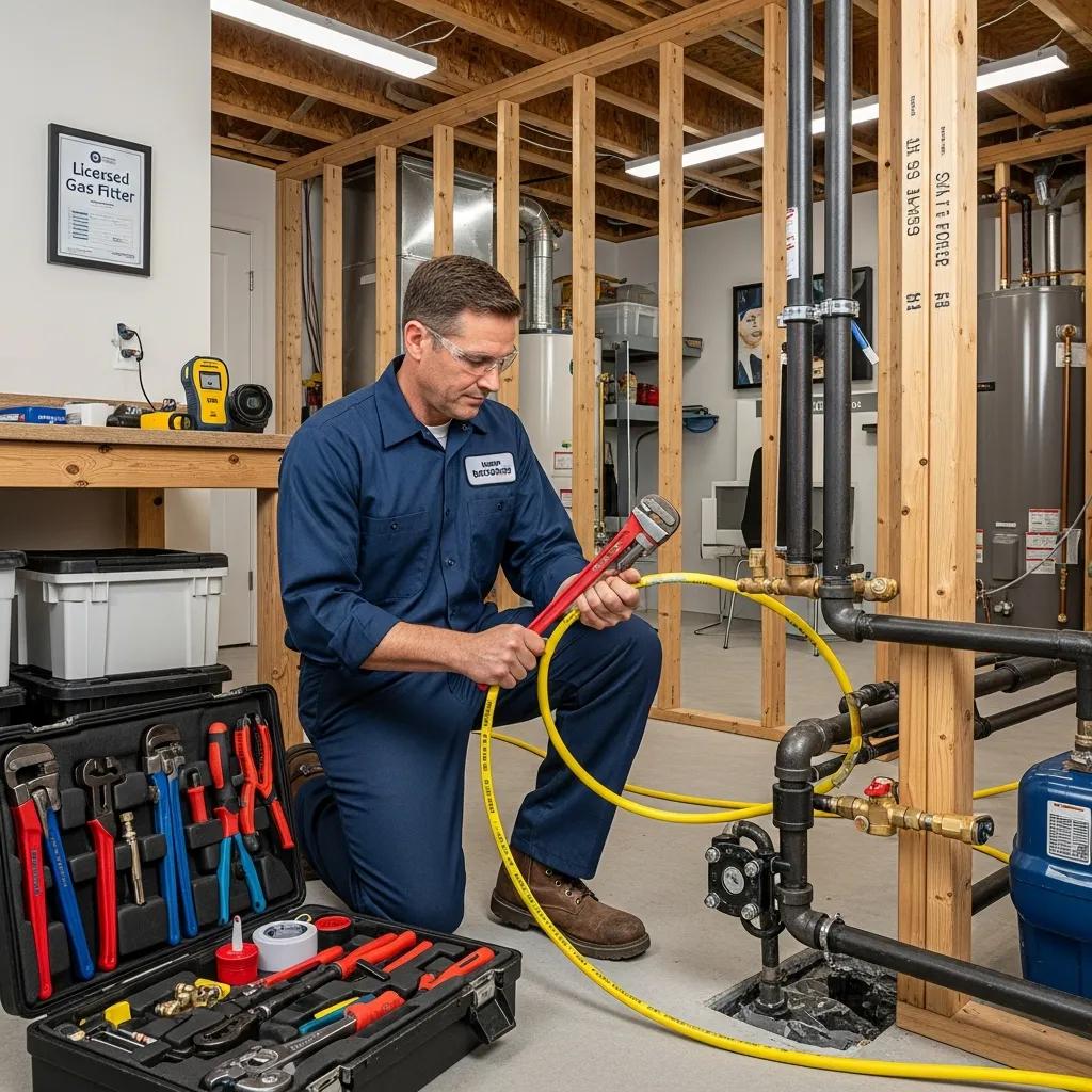 Licensed technician performing gas line installation in a residential setting