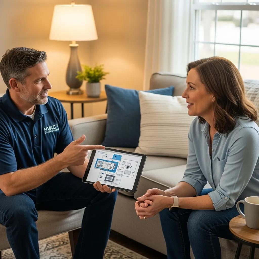 Local HVAC contractor explaining heating and cooling options to a homeowner in a cozy living room