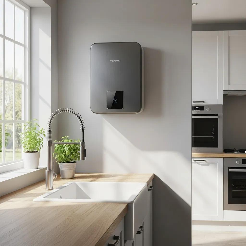 Modern tankless water heater installed in a bright kitchen, illustrating energy efficiency and space-saving design