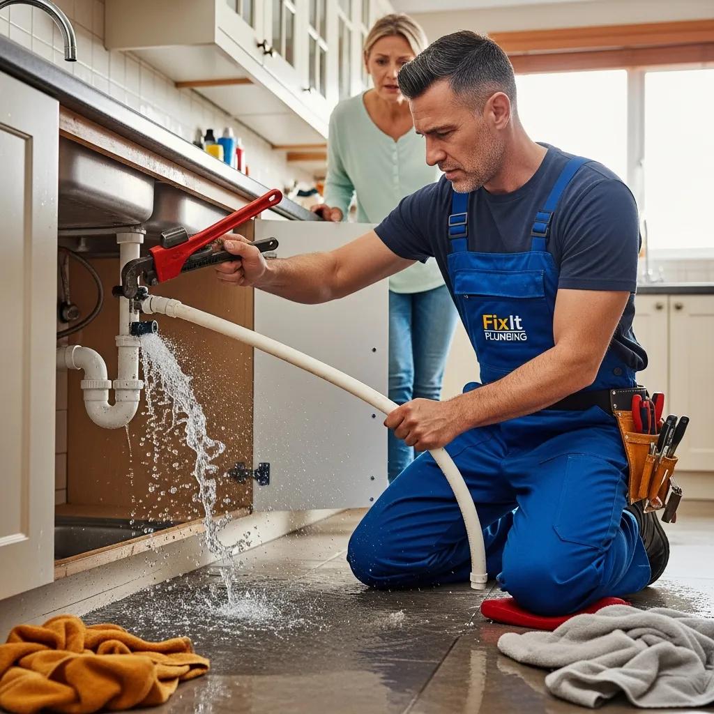 Plumber addressing a burst pipe emergency in a home, highlighting urgent plumbing services