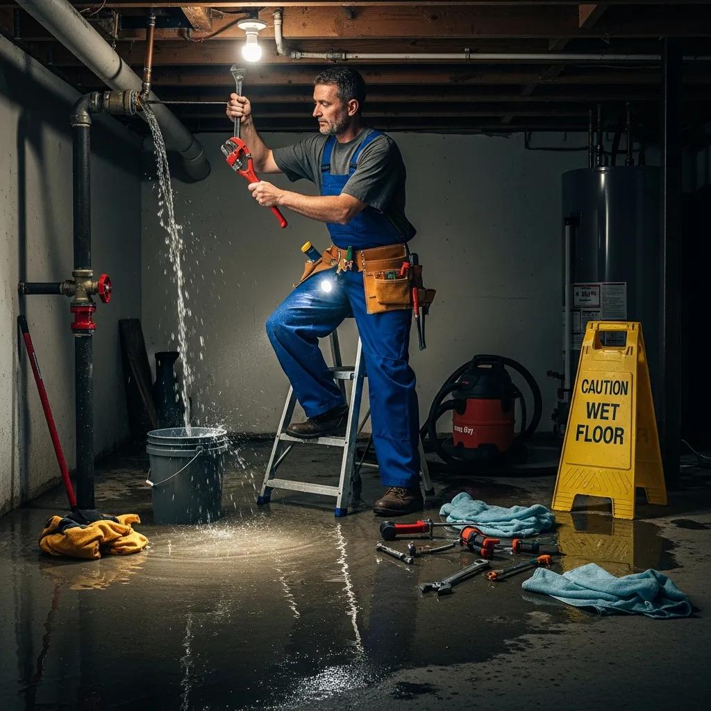 Plumber addressing a burst pipe emergency in a residential setting