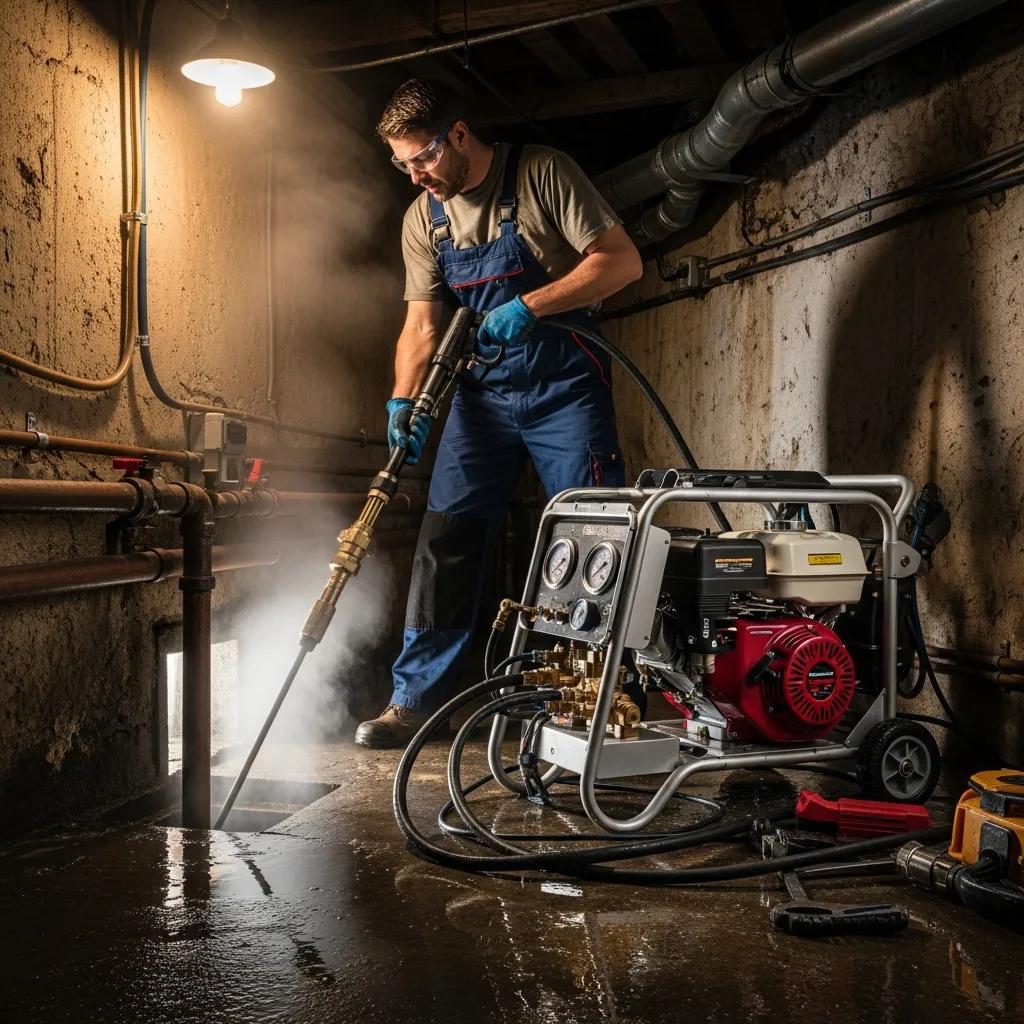 Plumber addressing an emergency blockage with hydro jetting equipment