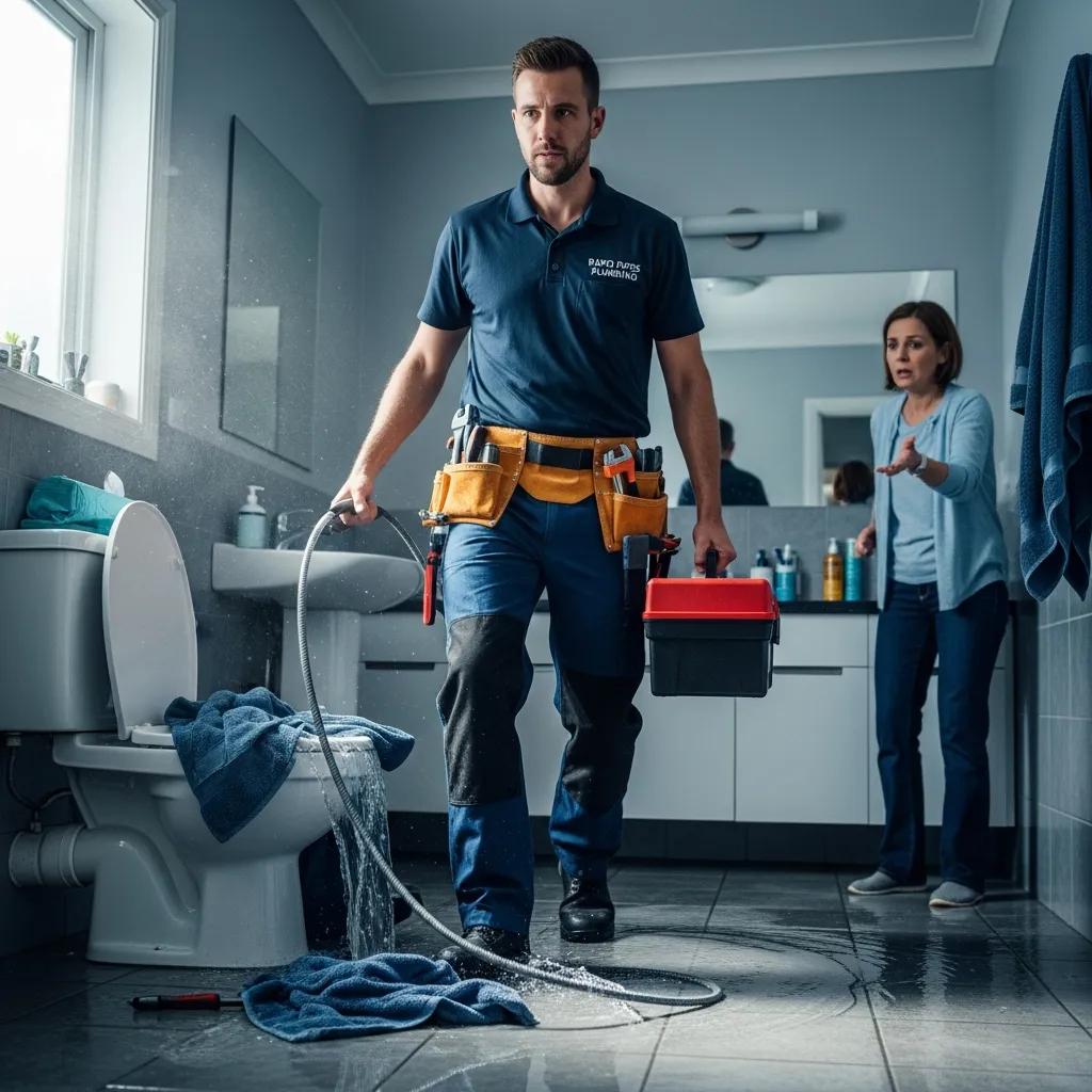 Plumber addressing an emergency drain issue in a residential setting, emphasizing the importance of quick response