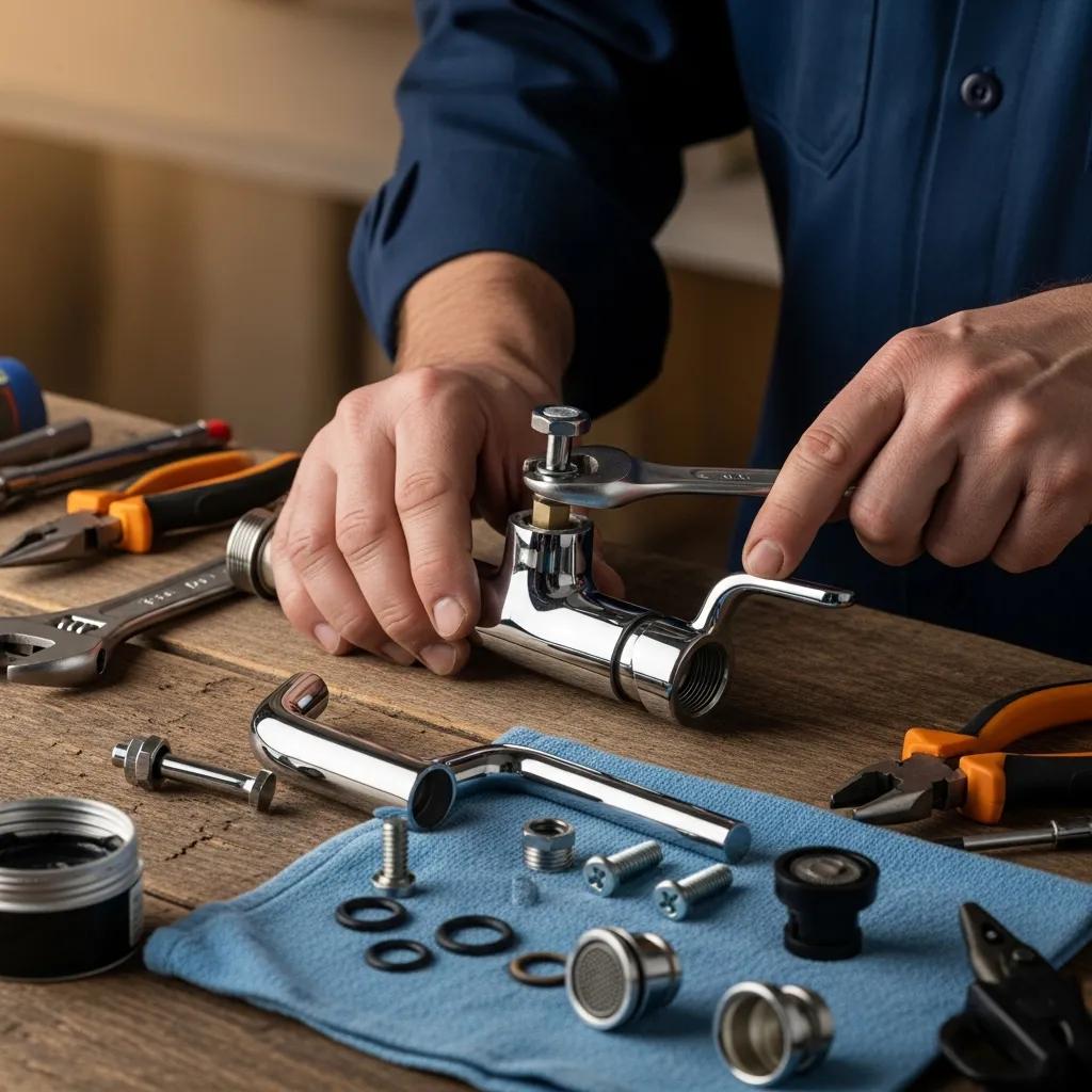 Plumber disassembling a faucet for repair with tools and components visible