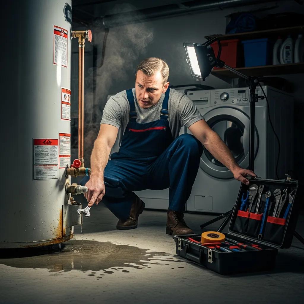 Plumber inspecting a malfunctioning water heater in a residential setting