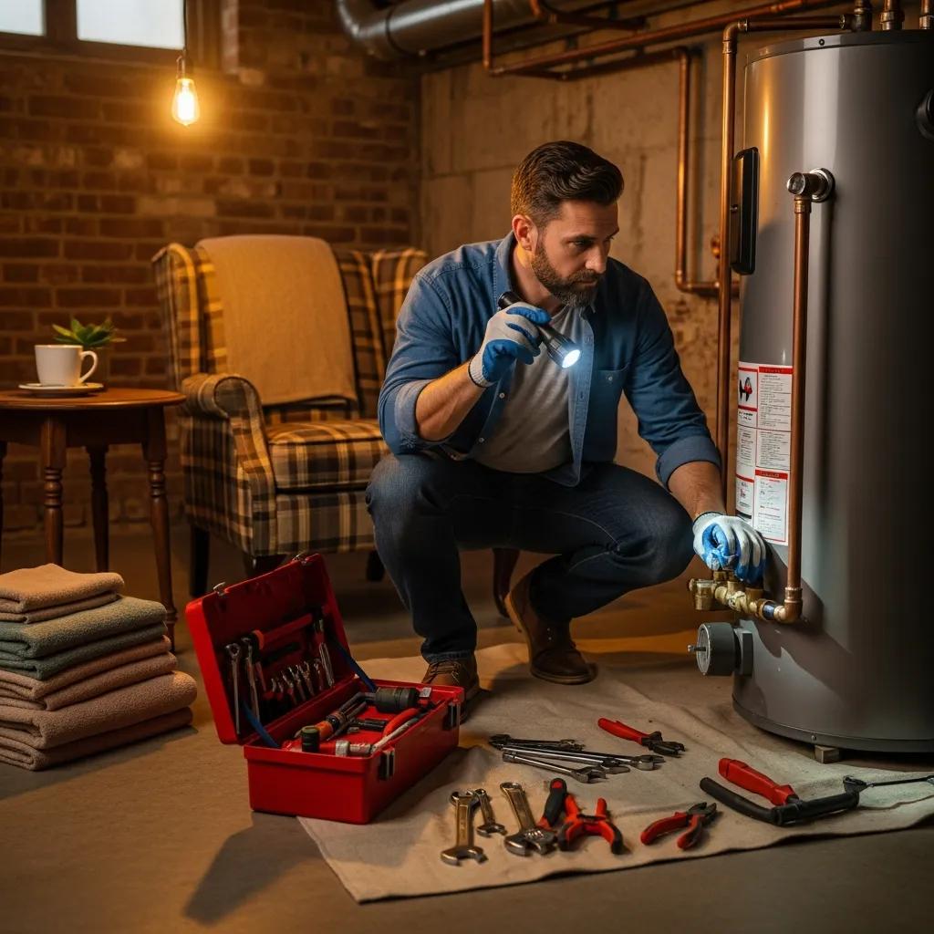 Plumber inspecting a water heater in a residential basement, emphasizing home plumbing reliability