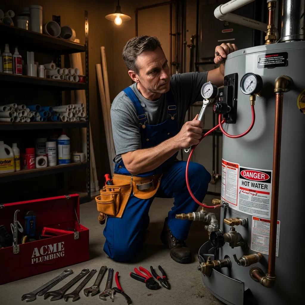Plumber inspecting a water heater in a utility room