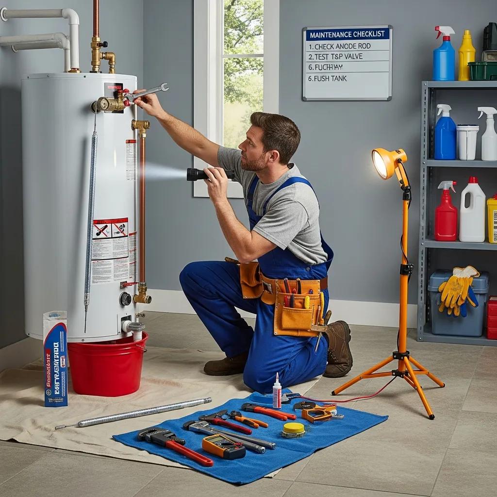 Plumber performing maintenance on a water heater, highlighting essential maintenance tasks for reliability