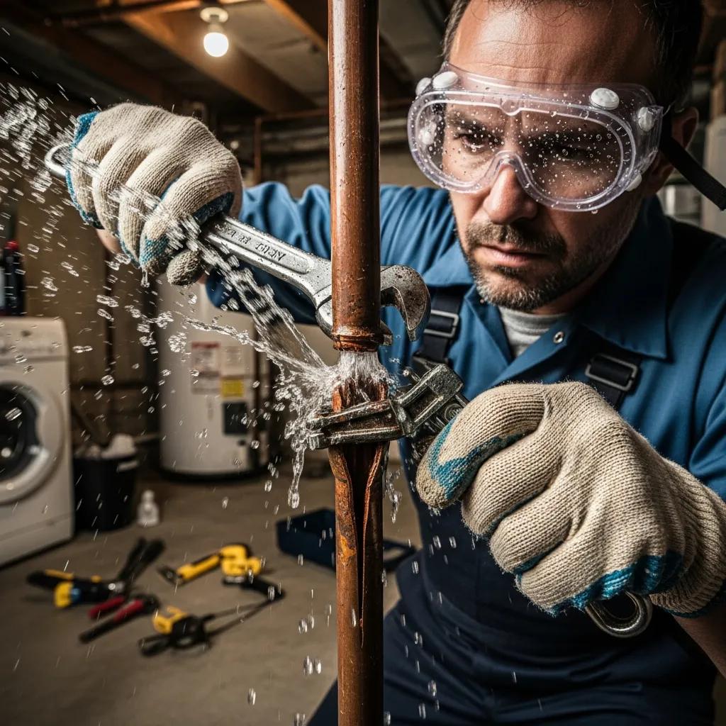Plumber repairing a burst pipe in a home, illustrating emergency plumbing services
