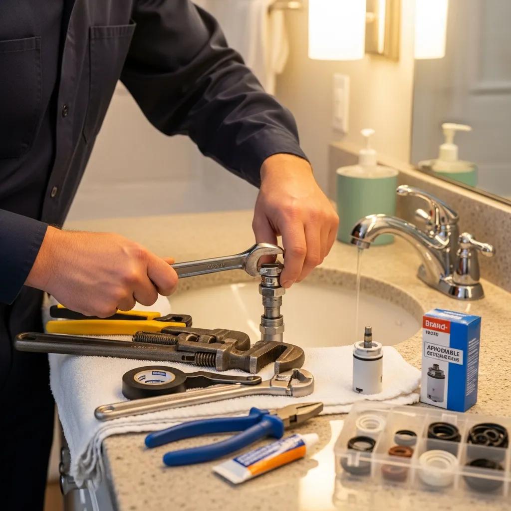 Plumber repairing a leaky faucet in a bathroom, illustrating affordable plumbing repair options in Harvey, IL