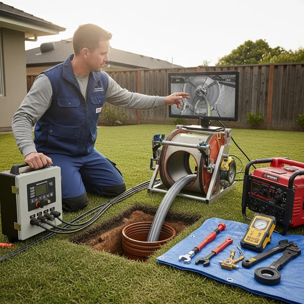 Plumber repairing sewer line using modern trenchless technology