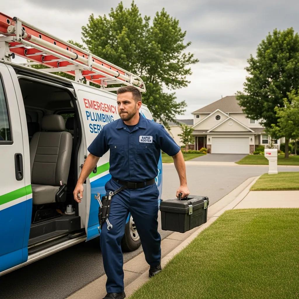 Plumber responding to an emergency drain cleaning call in a suburban neighborhood, showcasing 24/7 service availability