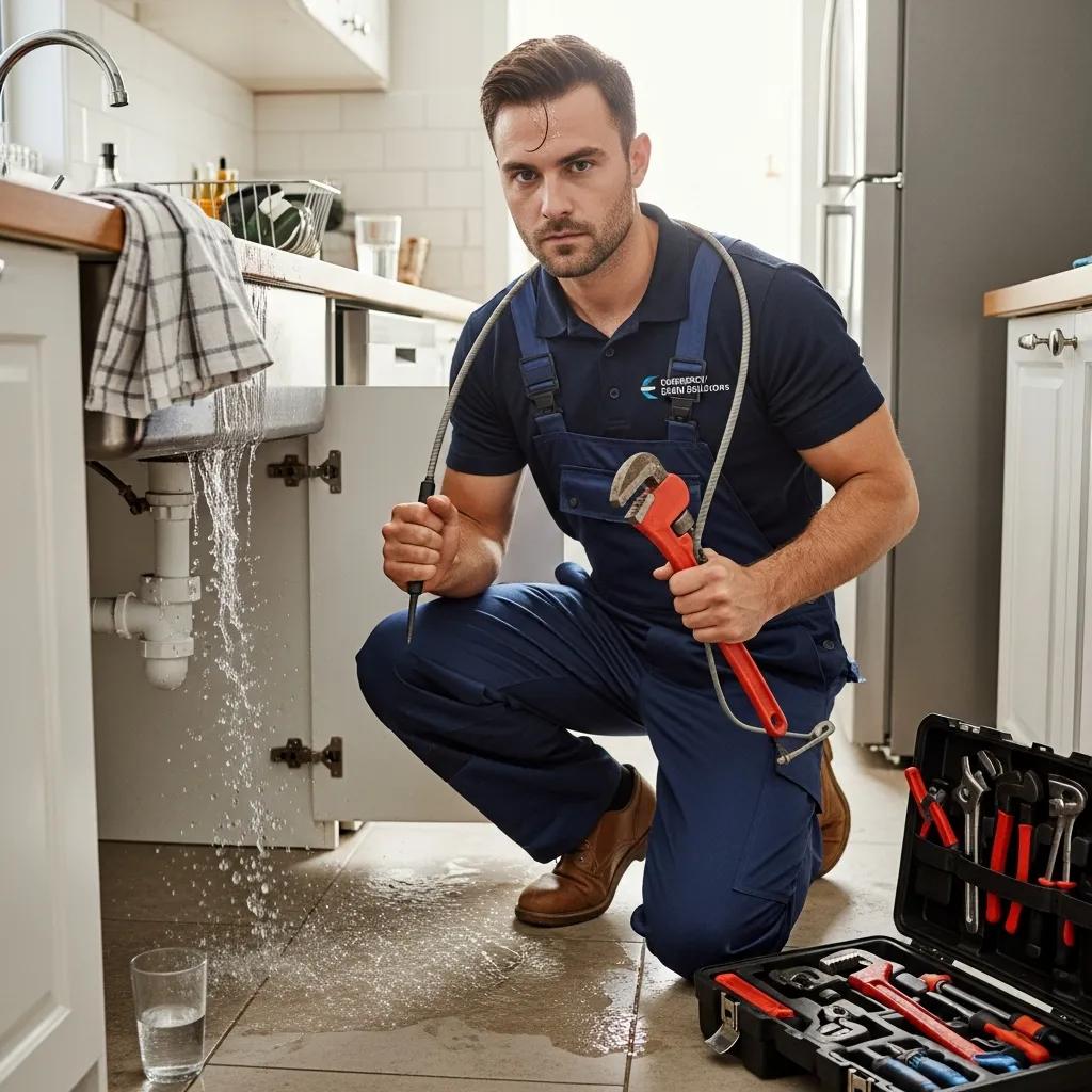 Plumber responding to an emergency drain cleaning situation, emphasizing urgency and professionalism