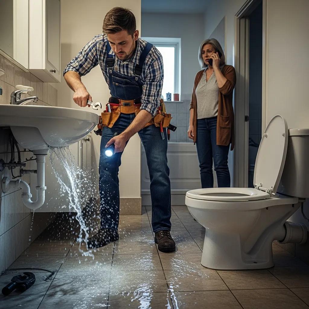 Plumber responding to an emergency plumbing issue with tools in hand, showcasing urgency and readiness
