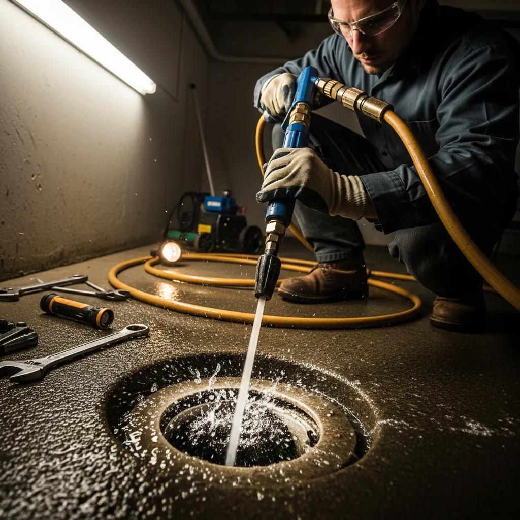 Plumber using hydro jetting equipment to clean a drain, demonstrating effective drain cleaning techniques