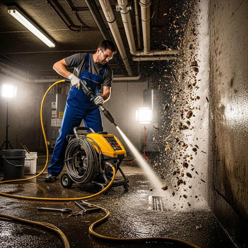 Plumber using hydro-jetting equipment to clear a clogged drain, demonstrating emergency plumbing services