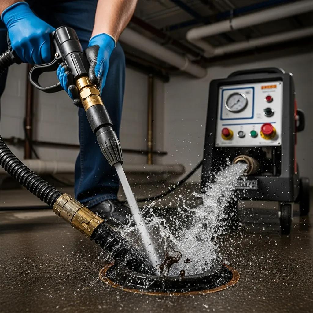 Plumber using hydro jetting to clear a clogged drain, highlighting effective repair techniques