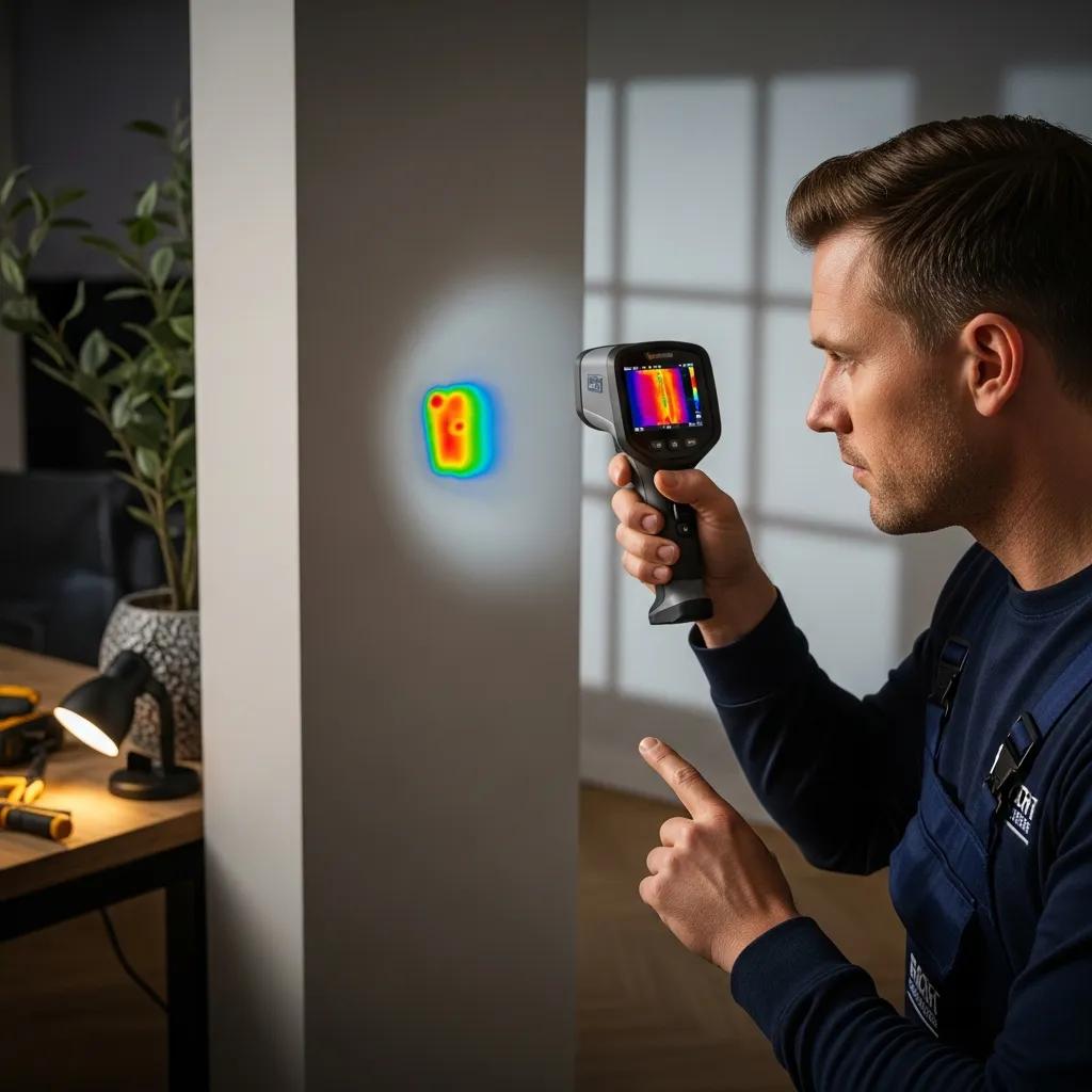 Plumber using thermal imaging camera to detect hidden leaks in a wall